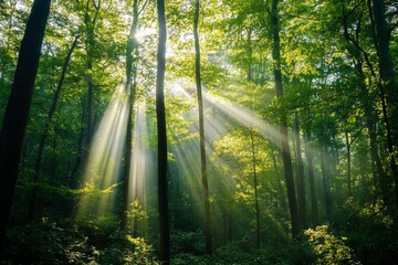 Fototapeta premium Sunlight streaming through lush green forest canopy