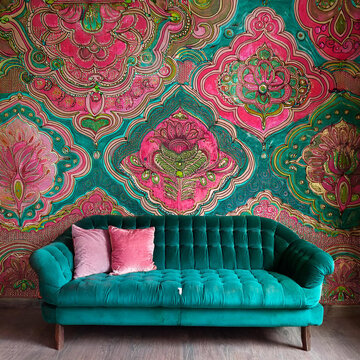 Colorful murals on the wall in the room with sofa and cushions, floral patterns, Himalayan art
