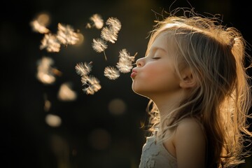 Joyful child blowing dandelion seeds in warm evening light