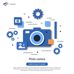 Photo camera, image production flat style vector concept illustration