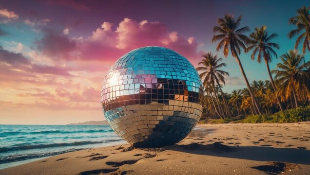 A large silver disco ball sits on the beach
