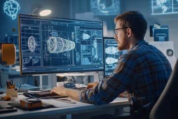 Engineer working on cad software for aerospace engine design in modern office