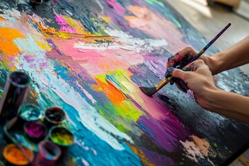 Vibrant abstract art creation with paintbrush and bold colors on canvas