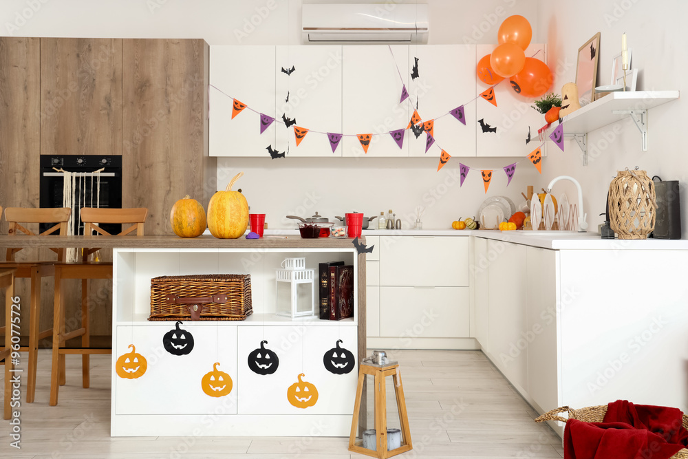 Canvas Prints interior of modern kitchen decorated for halloween party with pumpkins