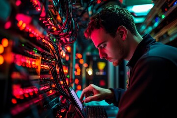 Technician working in data center with vibrant lights and cables
