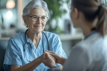 Senior healthcare professional comforting patient in clinical setting