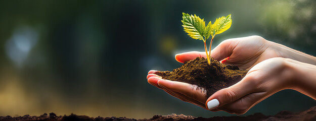 Hands gently holding a small green plant in fertile soil, highlighting the theme of nature, growth, and care in a clean, blurred background.