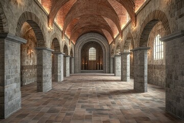 Fototapeta premium A spacious, vaulted interior with stone columns and arches, illuminated by soft light.