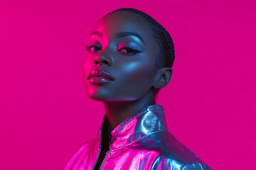 Modern Woman in Metallic Silver Jacket with Solid Neon Pink Accents, Featured in a Lifestyle Portrait