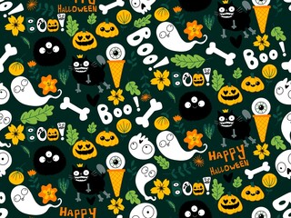 Halloween animals seamless cats and pumpkins pattern for wrapping paper