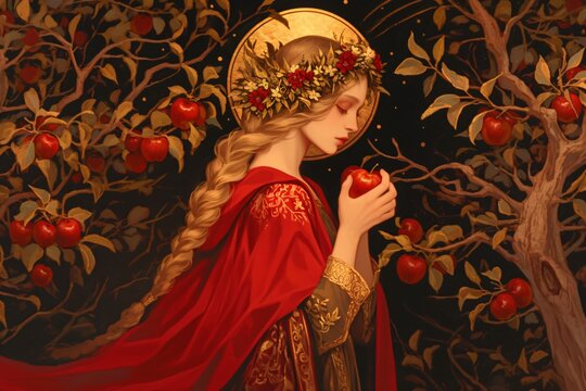 Beautiful witch with red apple in autumn forest. Mabon sabbat, Samhain. Autumn equinox holiday. Wiccan pagan religion. Witchcraft, magic ritual, esoteric spiritual ritual concept
