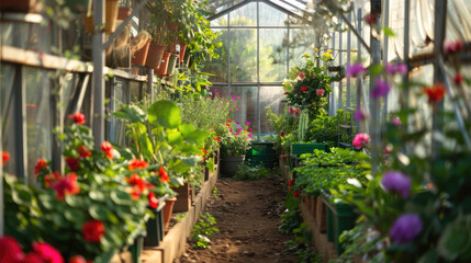 greenhouse with plants and foggy watering  automatic  system