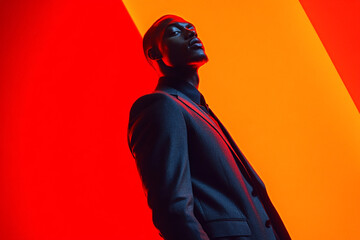 Trendy Man Wearing Charcoal Gray Suit with Solid Neon Orange Highlights, Featured in a Lifestyle Portrait