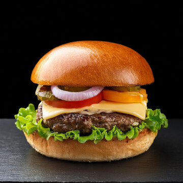 Juicy hamburger with latuce, onion, cheese, tomato on black background