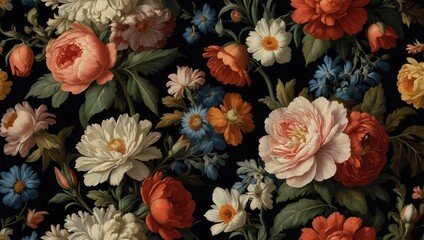 A colorful bouquet of flowers is displayed on a black background