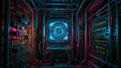 A close-up of a glowing computer server.