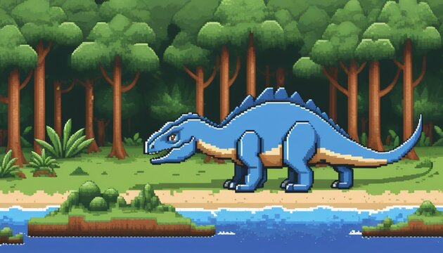 Pixel illustration de dinosaure bleu blanc arbre
