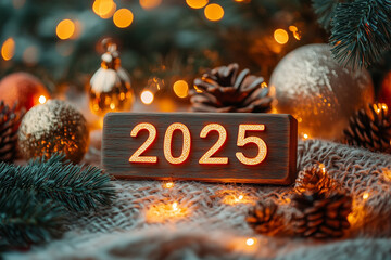 New Year background with 2025, balls and snowflakes. christmas balls on snow. New Year card with copy space. AI Generated