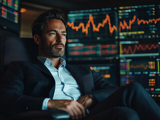 Fototapeta premium Successful Trader - businessman, stock market, finance, trading, office, monitors, financial analyst, stocks, data, charts, investment, suit, serious, professional