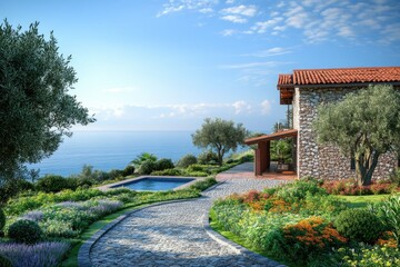 Fototapeta premium Serene coastal landscape featuring a stone house, garden, and swimming pool by the sea.