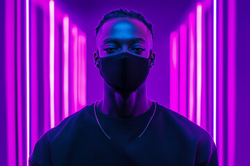 Chic Man in Black Face Mask with Solid Neon Purple Accents, Featured in a Modern Lifestyle Portrait