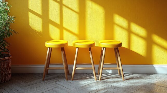 Three yellow stools with wooden legs against a bright yellow wall with a plant and sunlight coming through the window.
