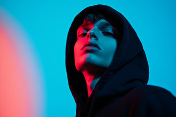 Stylish Man in Black Hoodie with Solid Neon Blue, Captured in a Trendy Lifestyle Portrait