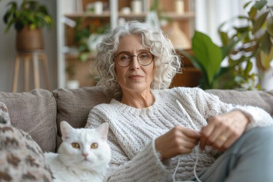 Elegant mature woman knitting sitting on the couch at home, next to her cat