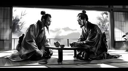 
ink, black and white, illustration, simple backgrounds, simple interior, ink-and-wash painting. two men in ancient, ancient japanese man hair, japanese, traditional clothing sitting facing each other