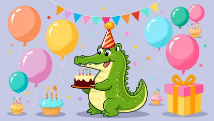 Obraz premium cute cartoon crocodile with cake, birthday flat design illustration