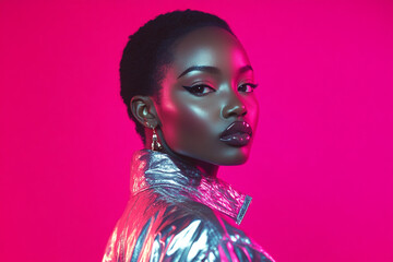 Modern Woman in Metallic Silver Jacket with Solid Neon Pink Details, Captured in a Trendy Lifestyle Portrait