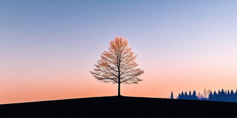 Embracing the calm of autumn as a solitary tree adorned with golden leaves stands against a warm gradient sky at dusk. Autumn background