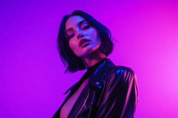 Stylish Woman Wearing Black Leather Jacket with Solid Neon Purple Details, Featured in a Fashionable Lifestyle Portrait