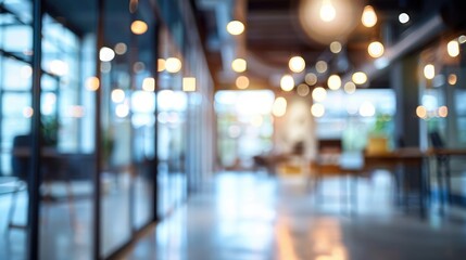Modern office interior design with blurred background and glass elements.