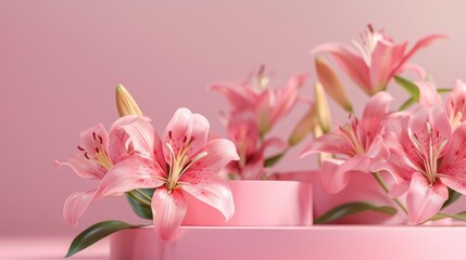 Obraz premium Podium adorned with pink lilies on a pink backdrop for showcasing cosmetics, designs, and products. Perfect for Valentine's Day, Mother's Day, Women's Day, and holidays.