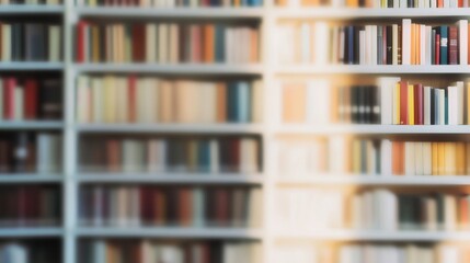A blurry image of a library with many books on the shelves