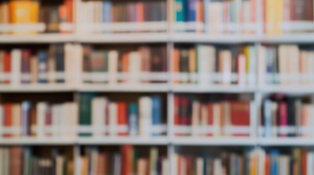 A blurry image of a library with many books on the shelves