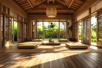 A serene wooden interior with natural light, designed for relaxation and meditation.