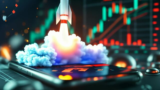 Rocket launching from smartphone screen mobile app showing stock market graph, blending space exploration and business success, animation