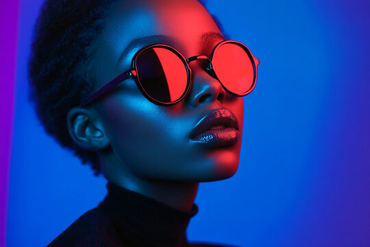 Elegant Woman Featuring Black Eyewear with Solid Neon Blue Highlights in a Fashionable Lifestyle Portrait