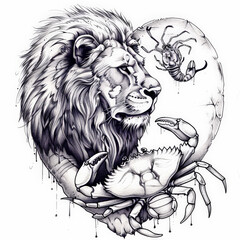 Obraz premium lion, crab, heart, vector, animal, head, lion, tattoo, cat, face, illustration, wild, art, logo, design, black, tribal, mammal, silhouette, predator, feline, symbol, power, drawing, mascot, wildlife, 