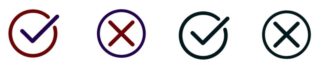 Obraz premium Check and cross mark icons. Crimson and navy + black colors 