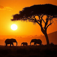 Fototapeta premium elephants in the sunset