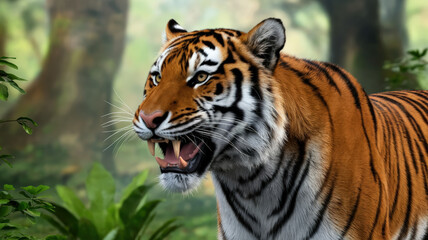 A cinematic medium shot of a tiger with its mouth open, showing sharp teeth. The tiger has a golden coat with black stripes and is standing in a lush green forest. The background is blurred