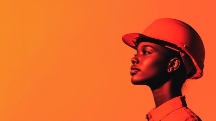 Minimalist depiction of an engineer in technology with a serene expression professional portrait against a softly faded background in a construction or design environment with ample copy space for tex