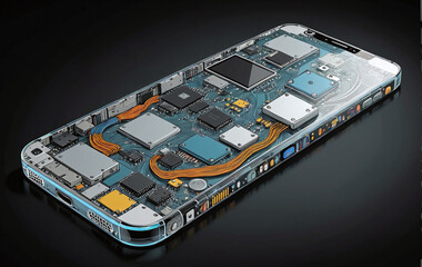 Obraz premium Illustrative fictional representation of a transparent cell phone shows the technology, circuit paths and microprocessors inside