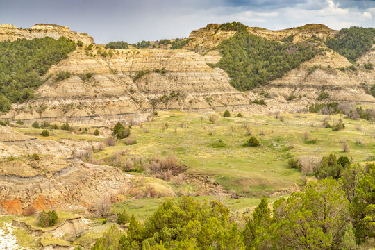 USA, North Dakota, Theodore Roosevelt National Park. Overview of park eroded formations.