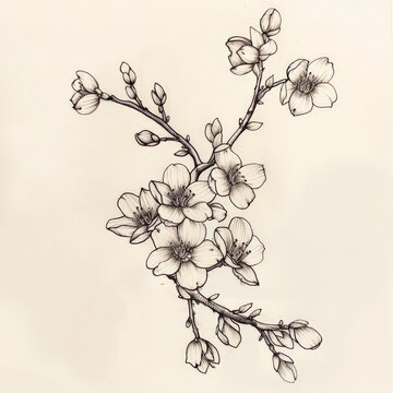 flower, cherry, Japan, floral, vector, nature, illustration, pattern, plant, drawing, leaf, art, vintage, decoration, sketch, branch, design, flowers, blossom, summer, spring, black, rose, garden, bea