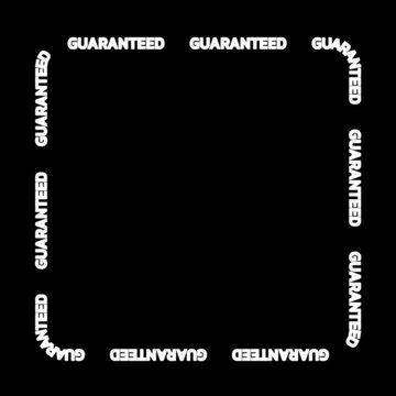 Animated square video with white text rotating around a black background, featuring words related to guarantees.