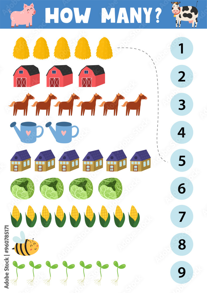 Wall mural count and match activity page for kids with cute farm objects and animals. how many puzzle game temp